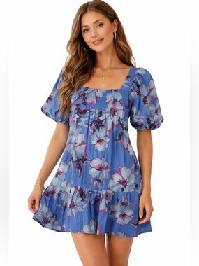 Band of the Free Blue Floral Puff-Sleeve Mini Dress Size S